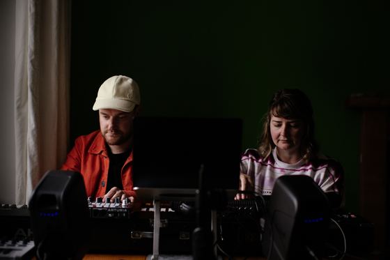 Mike and Mairearad at their synthesisers