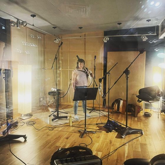Mairearad Green recording Highland pipes, Gloworm Studio 1, September 2023