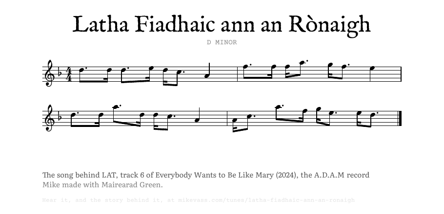 The opening of the engraved melody of Latha Fiadhaic ann an Rònaigh