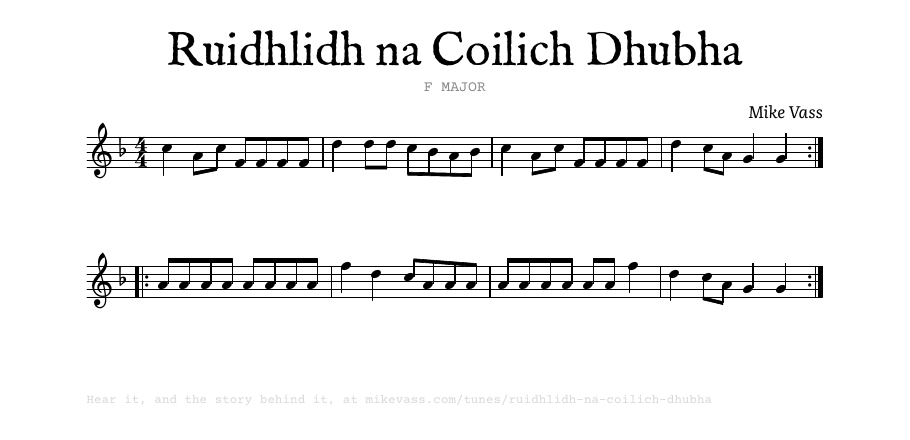 The opening of the engraved score of Ruidhlidh na Coilich Dhubha