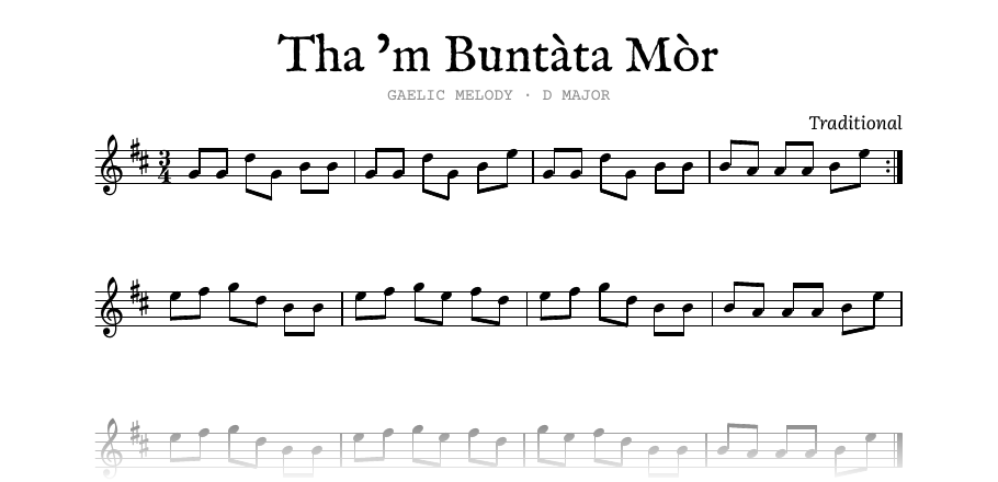 The opening of the engraved score of Tha ’m Buntàta Mòr