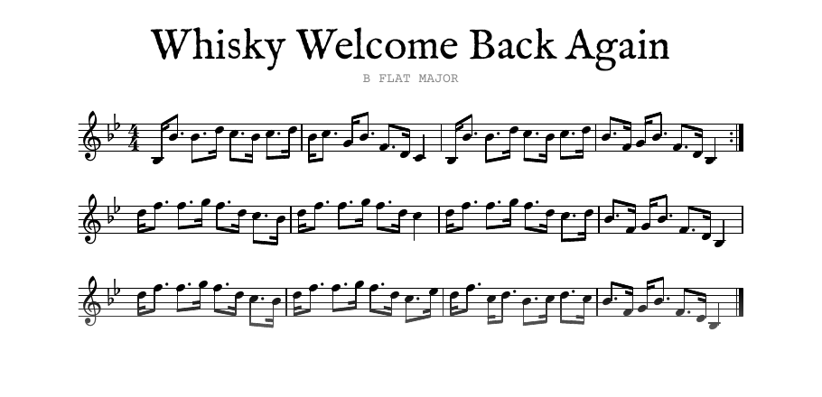 The opening of the engraved melody of Whisky Welcome Back Again